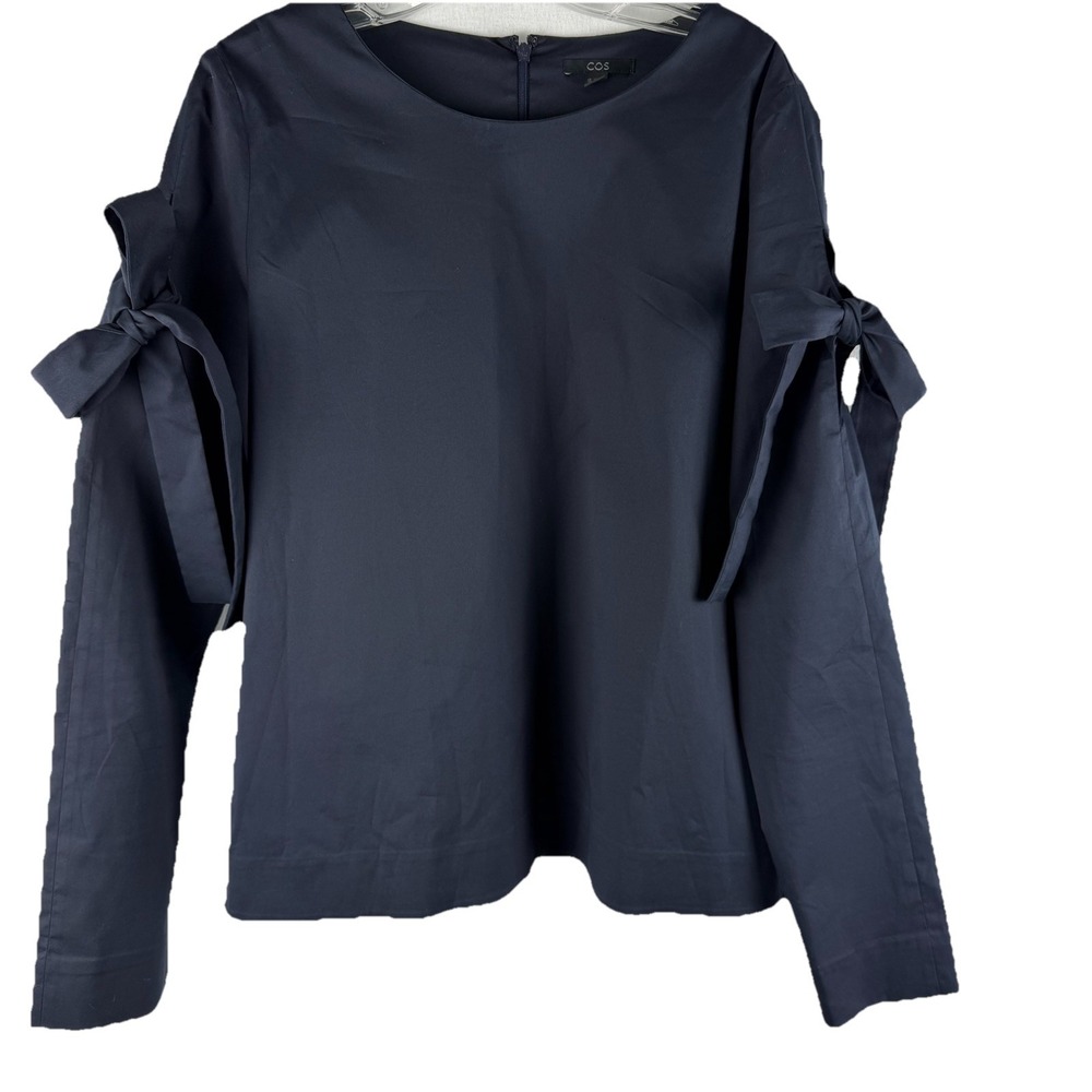 COS Womens Blouse Sz 12 Black Ribbon Tie Sleeves Minimalist Quiet Luxury Crisp